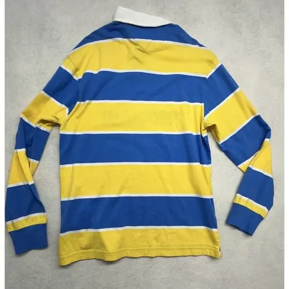 Tommy Jeans Mens Small Blue Yellow Striped Rugby Polo Long Sleeve Shirt 100% Cot - Picture 6 of 6